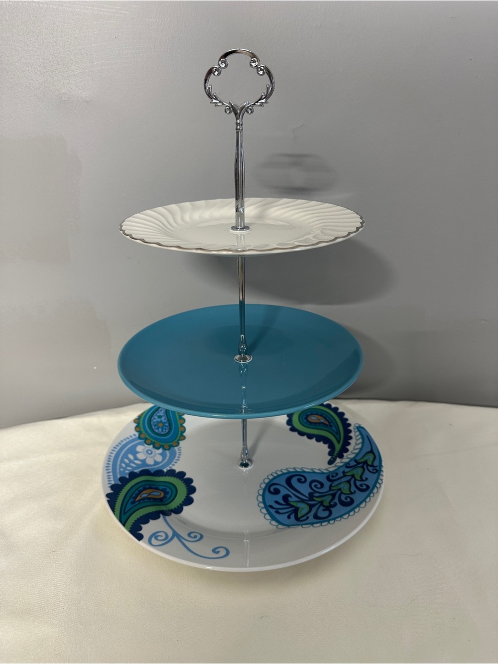 Three-Tier Serving Stand in White, Teal & Paisley Blue